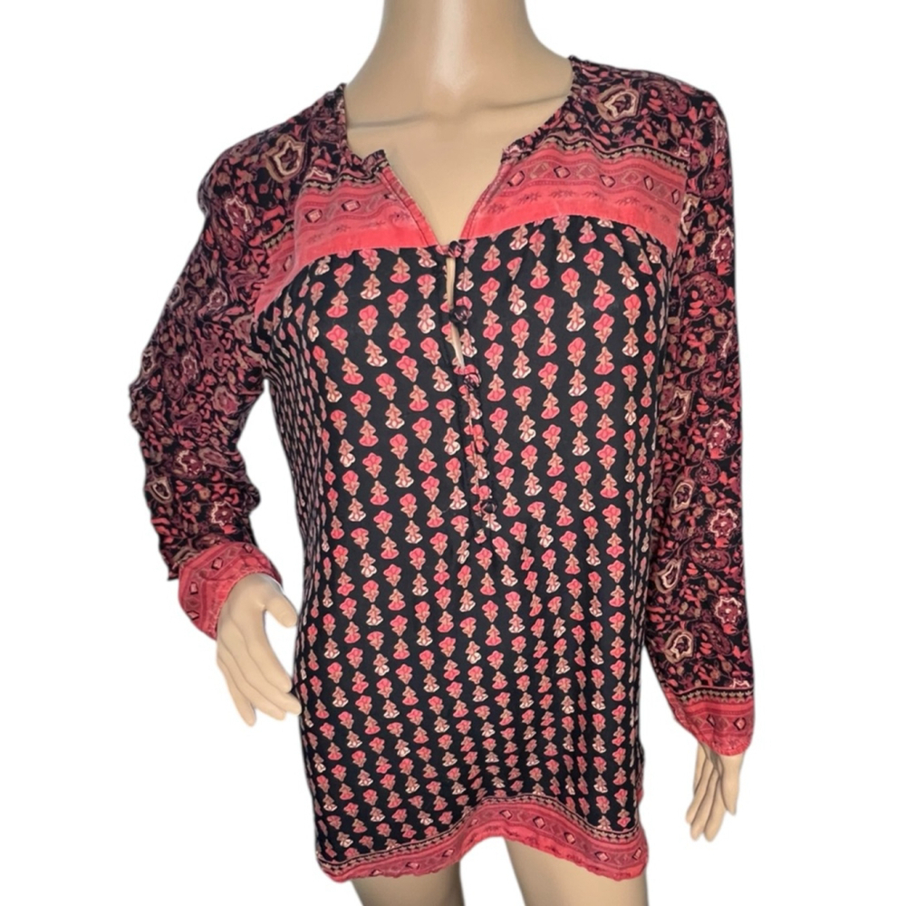 Lucky Brand Black And Red Boho Floral Long Sleeve Shirt With Split Neck